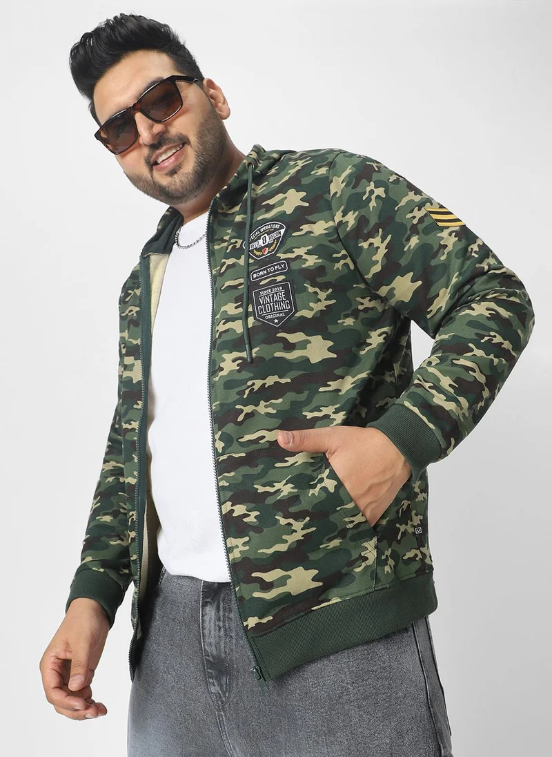 Urbano Plus Men's Green Cotton Camouflage Printed Hooded Neck Sweatshirt